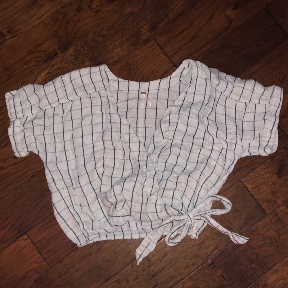 Free People White plaid tie front blouse